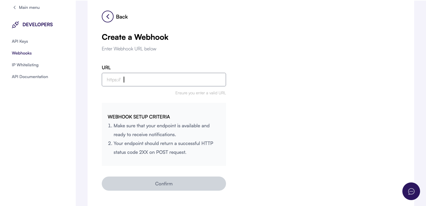 Webhook configuration form requesting callback URL