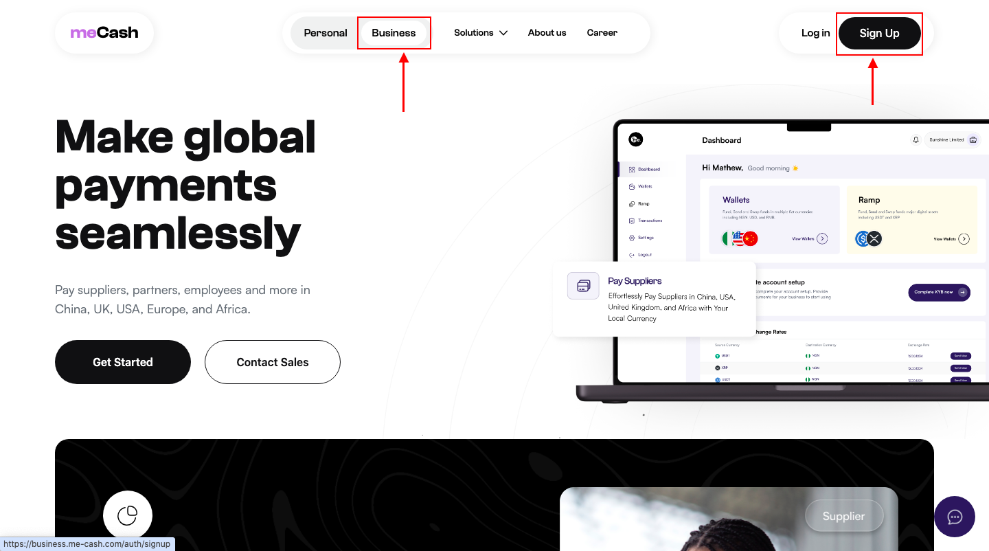 meCash Business landing page with the Sign Up button highlighted