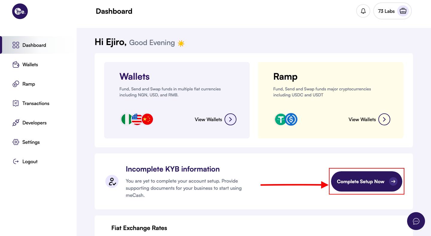 KYB verification section on the meCash dashboard showing the Complete Setup button