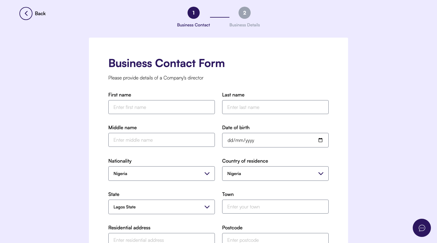 Business contact form requesting director identification details