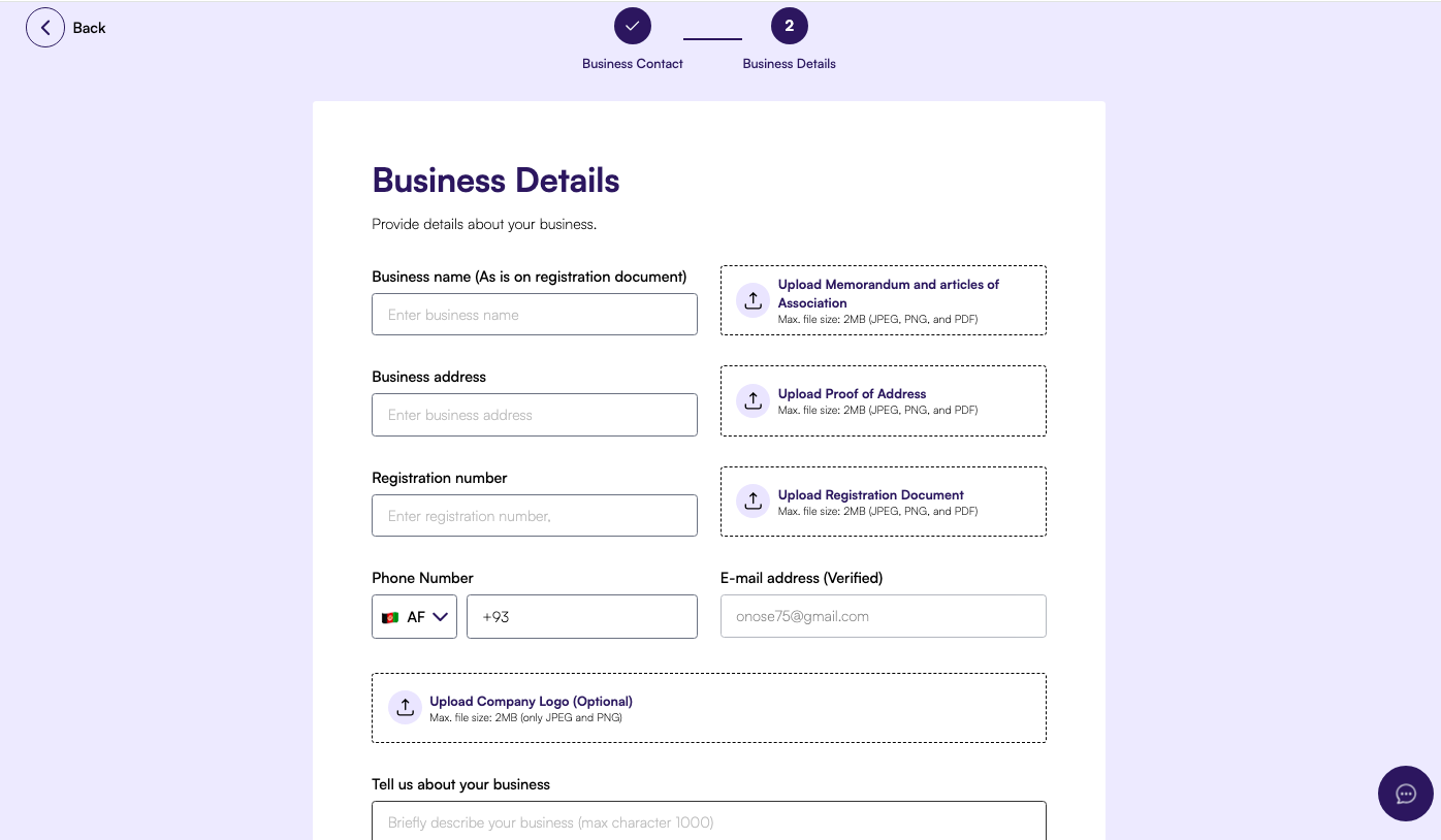 Document upload page for KYB verification displaying required files