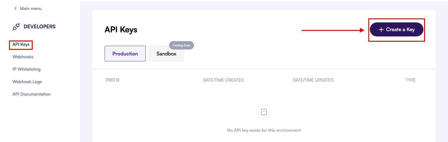 Developer dashboard showing sandbox API key creation