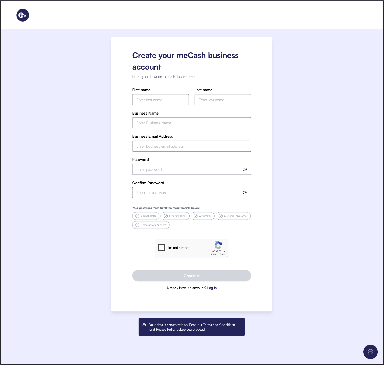 Create your meCash business account form requesting company information