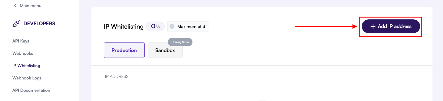 IP whitelisting configuration page listing approved IP addresses