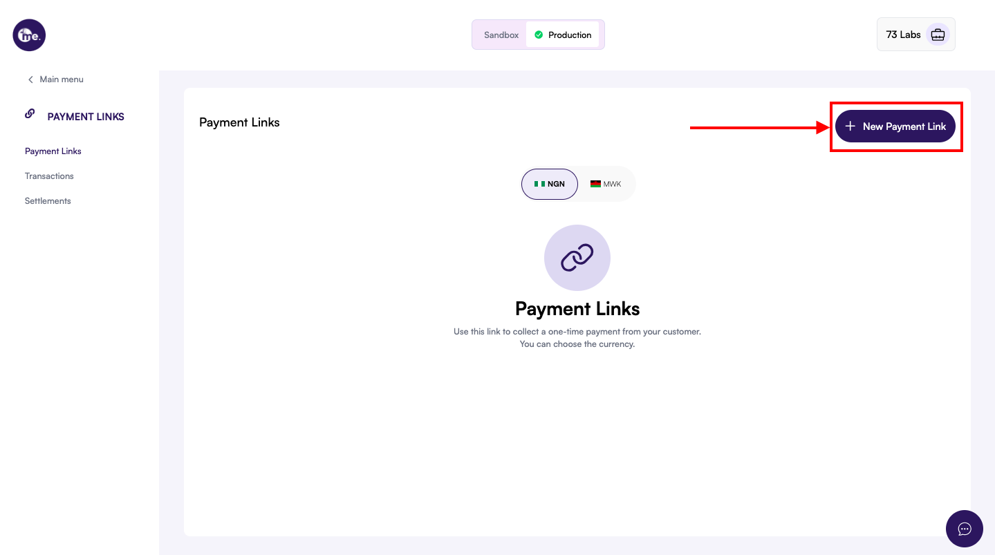 Main dashboard sidebar showing Payment Links menu item