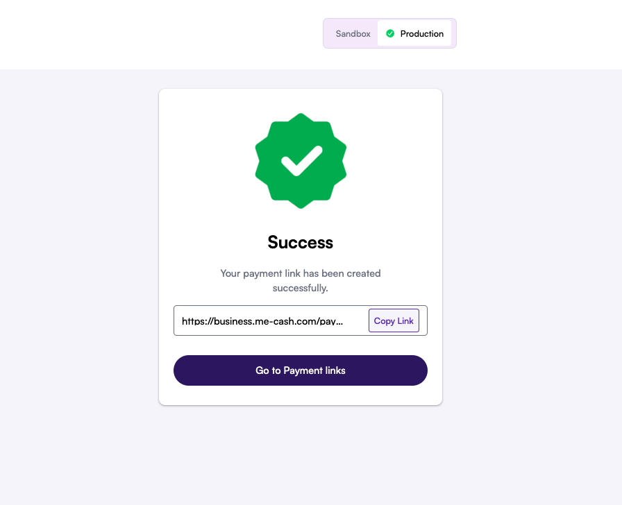 Payment link success confirmation screen