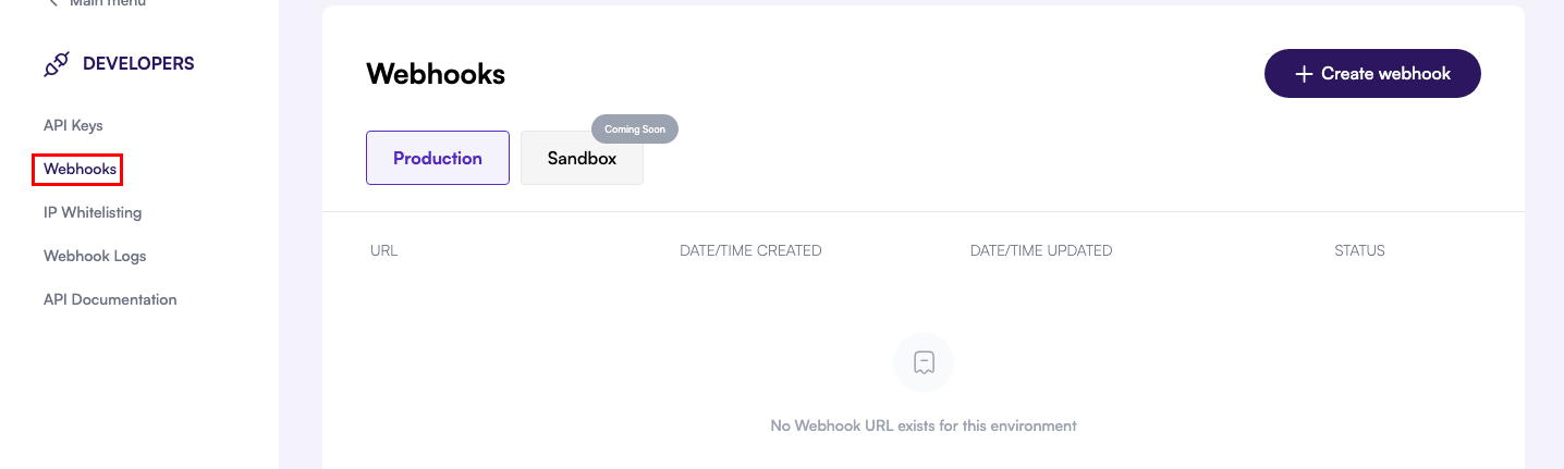 Developers dashboard highlighting the Webhooks navigation item