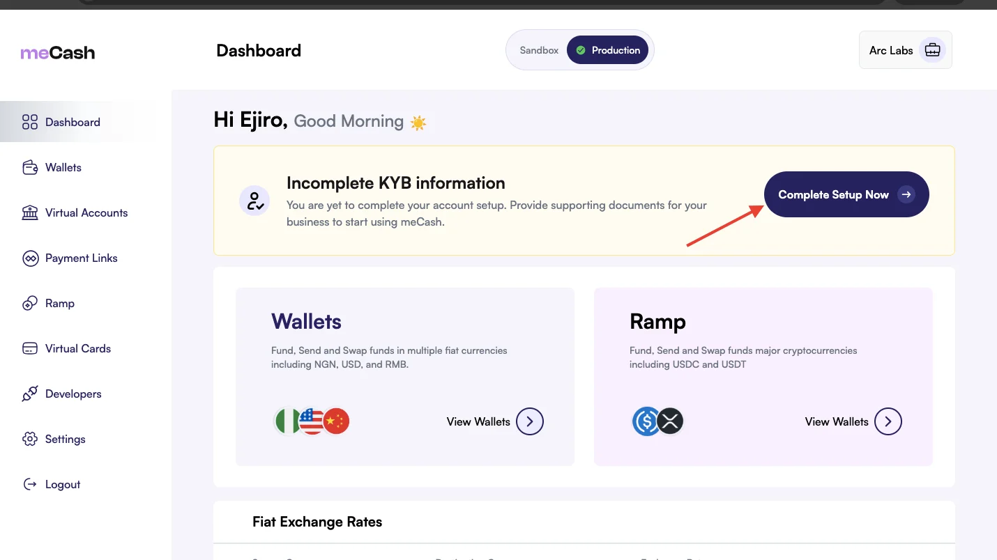 KYB verification section on the meCash dashboard showing the Complete Setup button