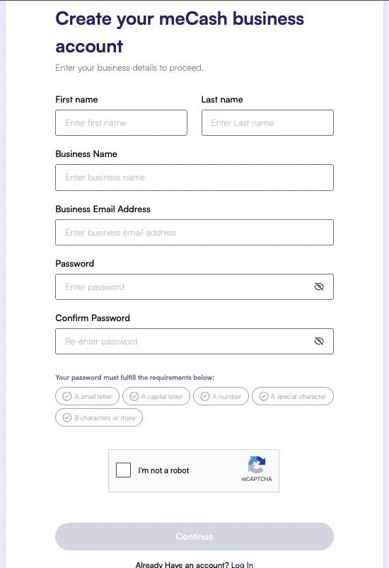 Create your meCash business account registration form with fields for name, business name, email, and password