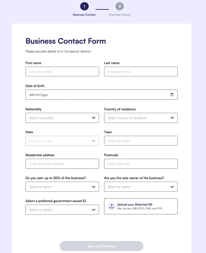 Business Contact Form requesting company director details including name, date of birth, nationality, address, and government-issued ID
