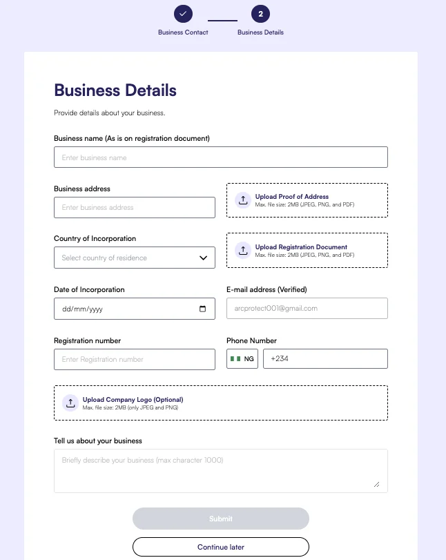 Business Details form for KYB verification with fields for business name, address, registration document upload, and company logo