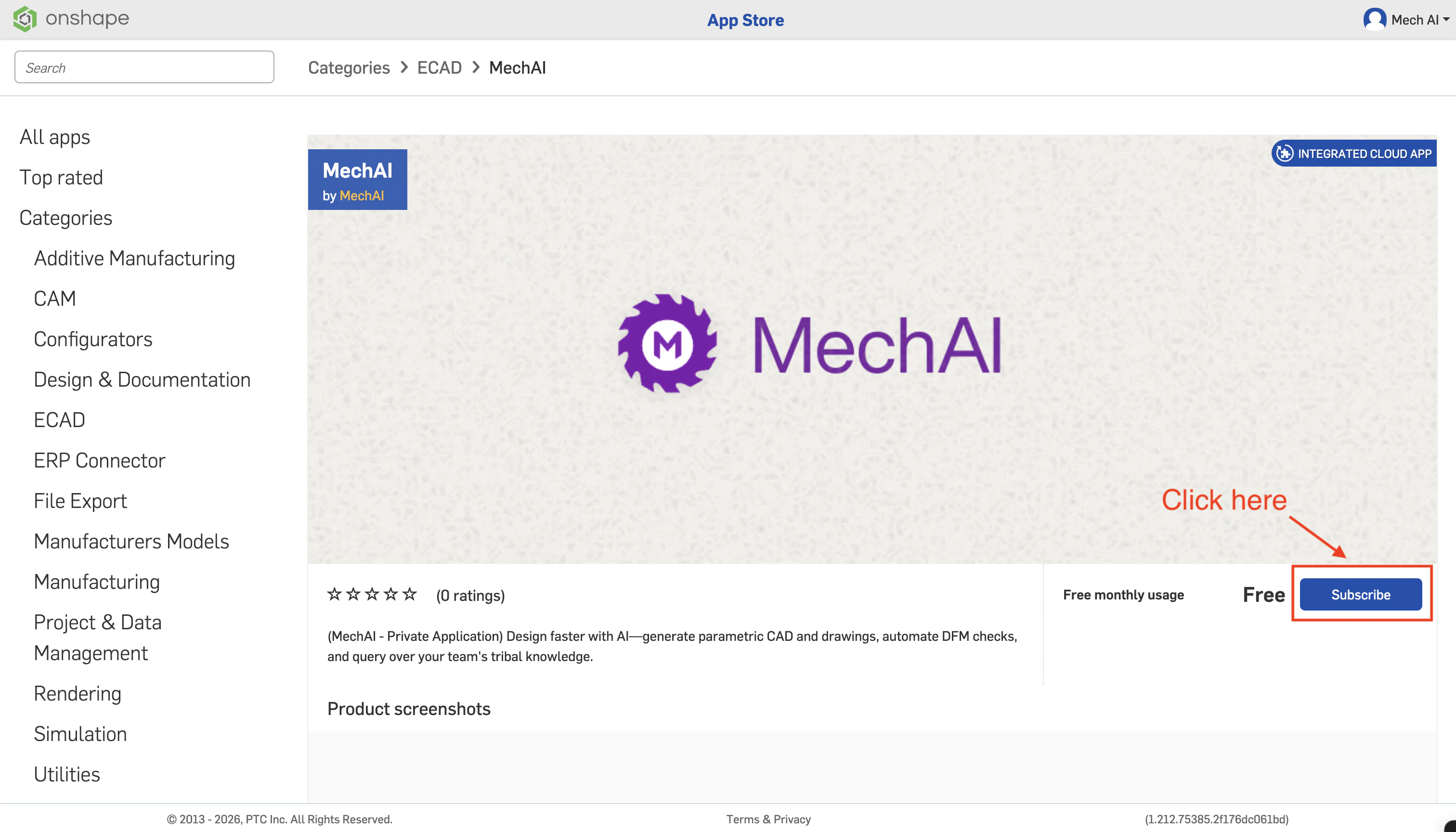 MechAI listing in the Onshape app store