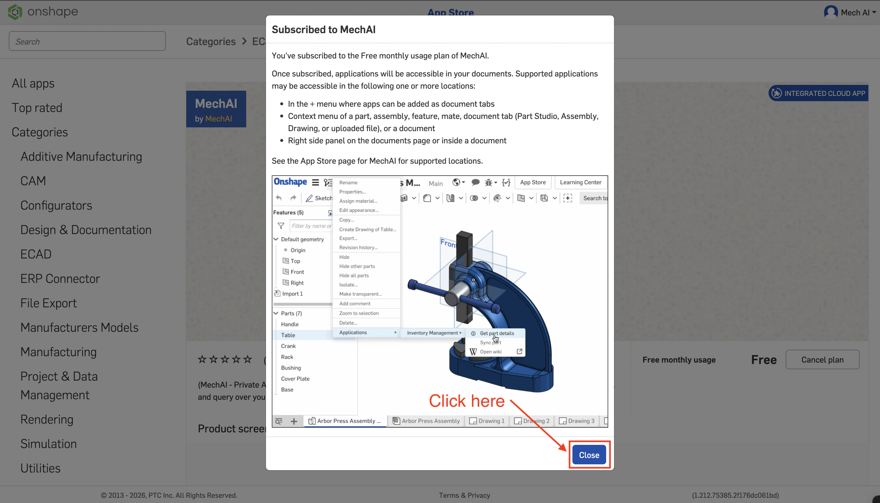 Subscribed to MechAI confirmation dialog