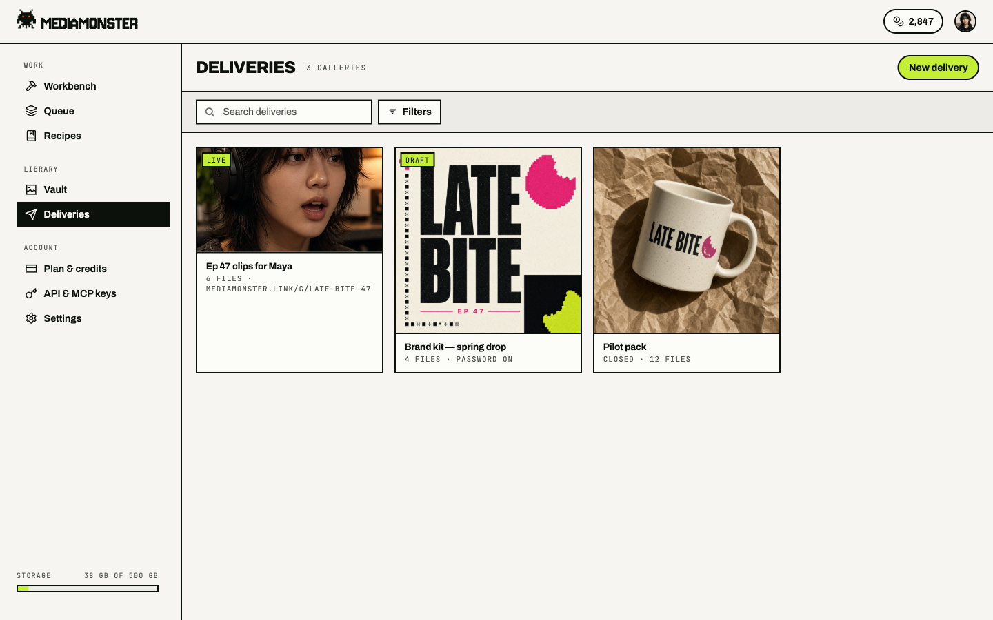Deliveries page with Live, Draft, and Closed galleries