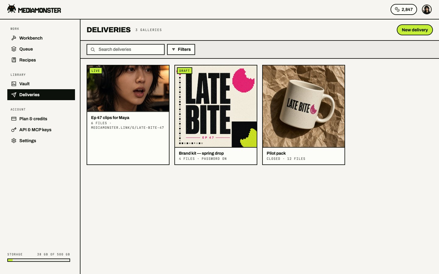 Deliveries page with Live, Draft, and Closed galleries