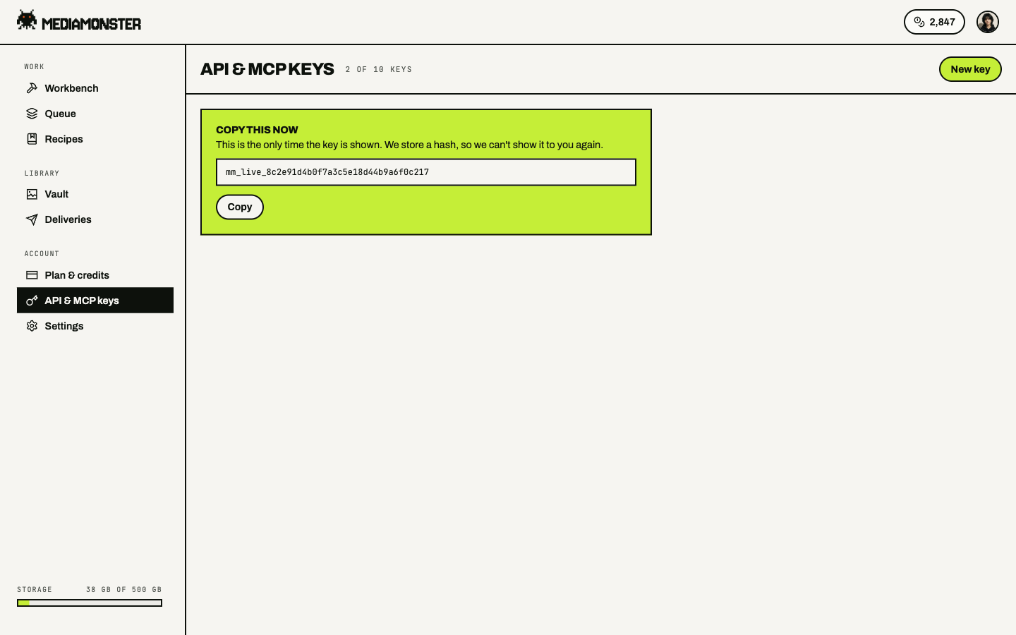 Copy this now panel with a full mm_live_ key and a Copy button