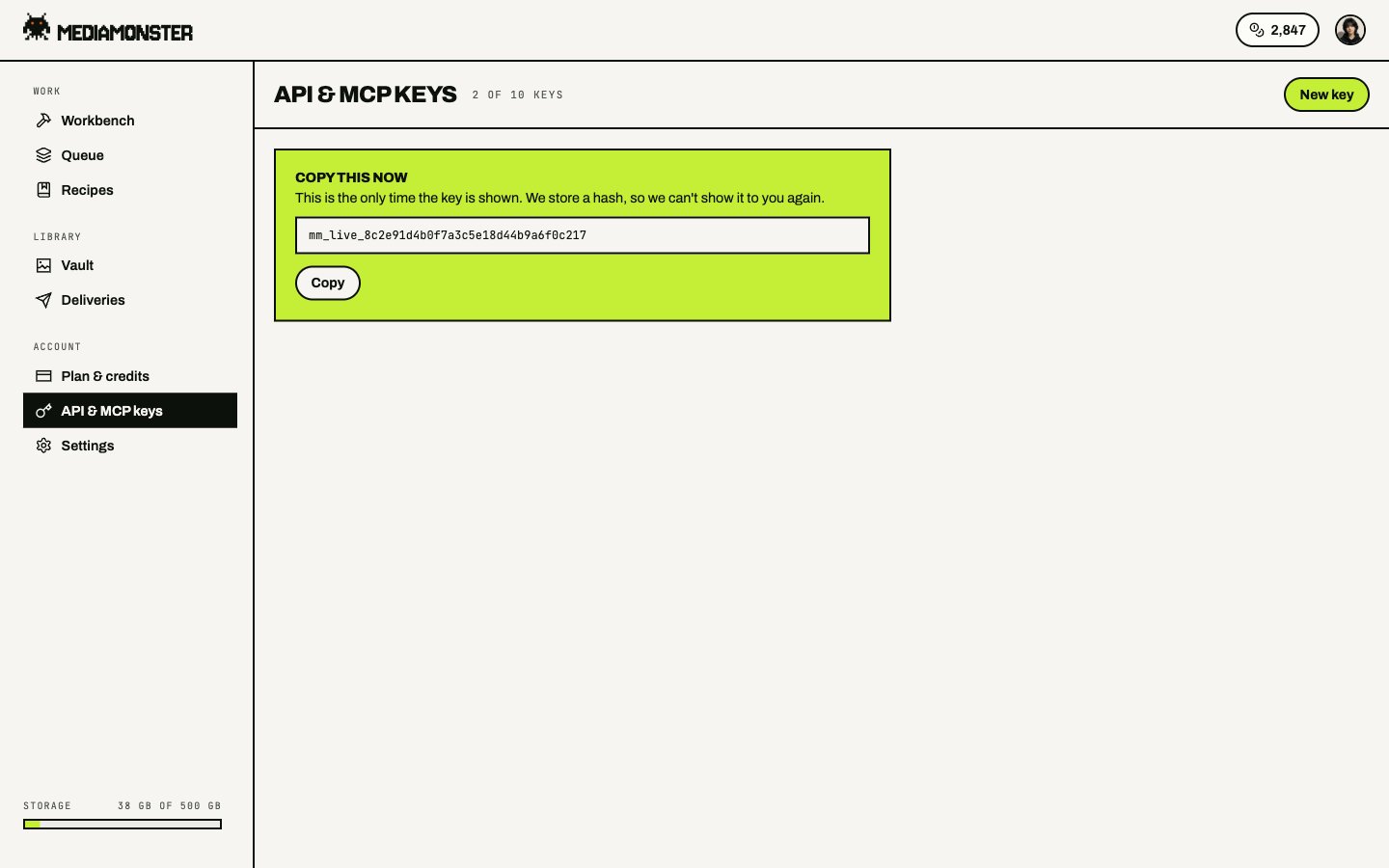 Copy this now panel with a full mm_live_ key and a Copy button