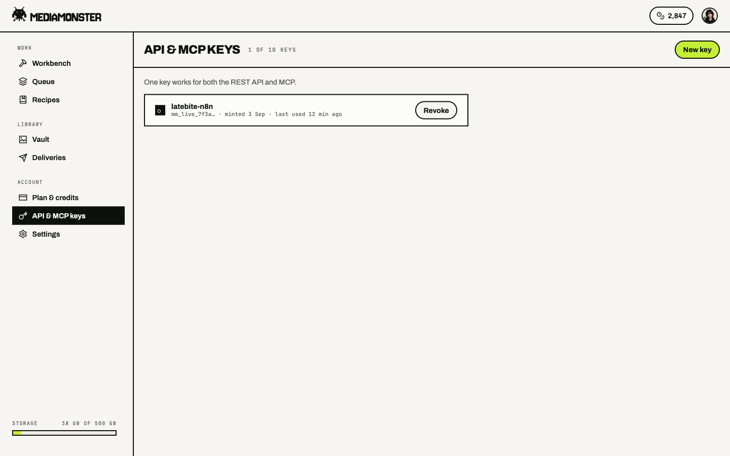 API and MCP keys page with one live key named latebite-n8n, prefix mm_live_, and a Revoke control