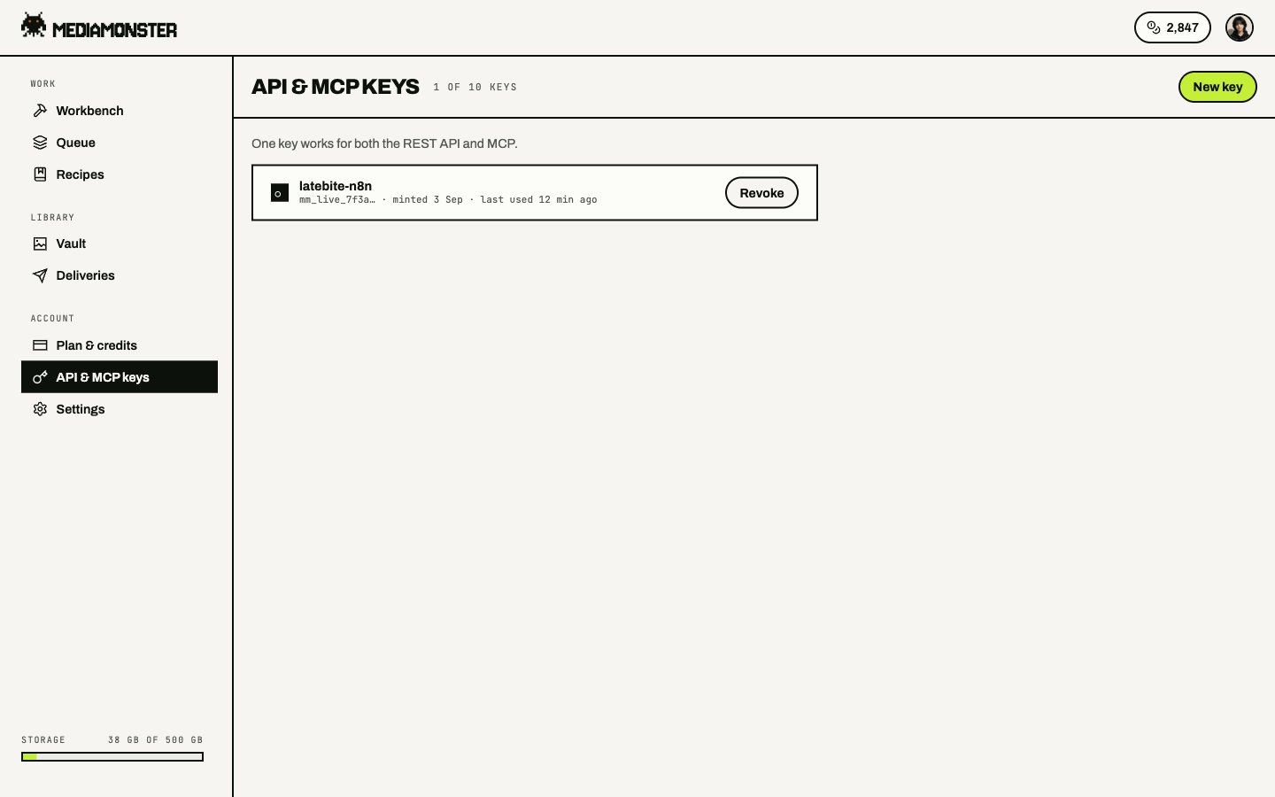 API and MCP keys page with one live key named latebite-n8n, prefix mm_live_, and a Revoke control