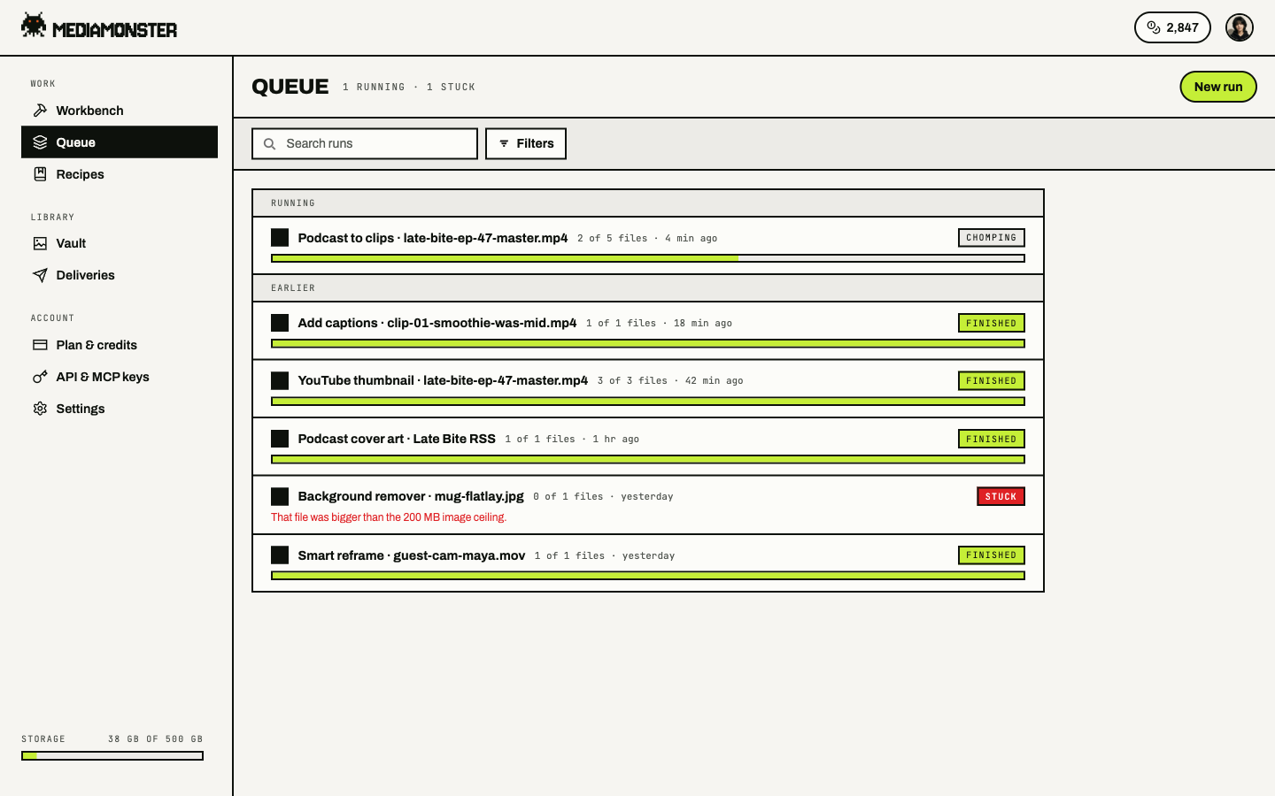 Queue page with a Chomping podcast-to-clips run, finished caption and thumbnail runs, and one Stuck background remover