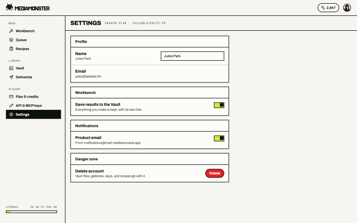 Settings with Profile, Workbench Save results to the Vault switch, Notifications, and Danger zone