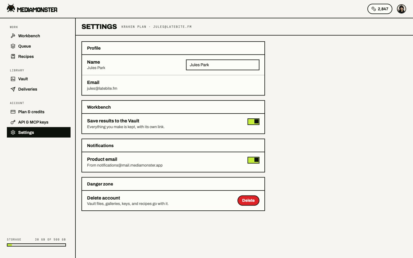 Settings with Profile, Workbench Save results to the Vault switch, Notifications, and Danger zone