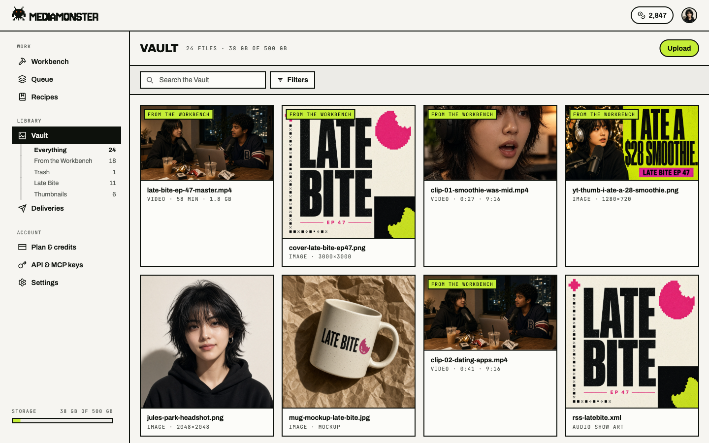 Vault grid with Everything, From the Workbench, Trash, and folders on the rail, and episode files in the grid