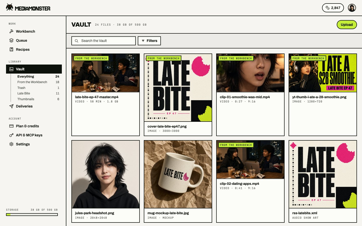 Vault grid with Everything, From the Workbench, Trash, and folders on the rail, and episode files in the grid
