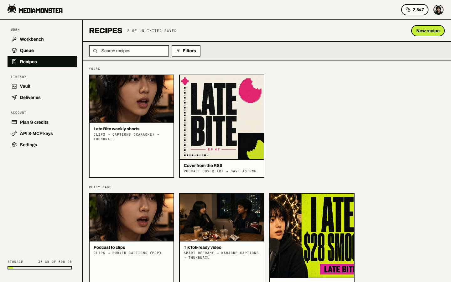 Recipes page in the signed-in app with saved Late Bite weekly shorts and Cover from the RSS above the ready-made catalogue