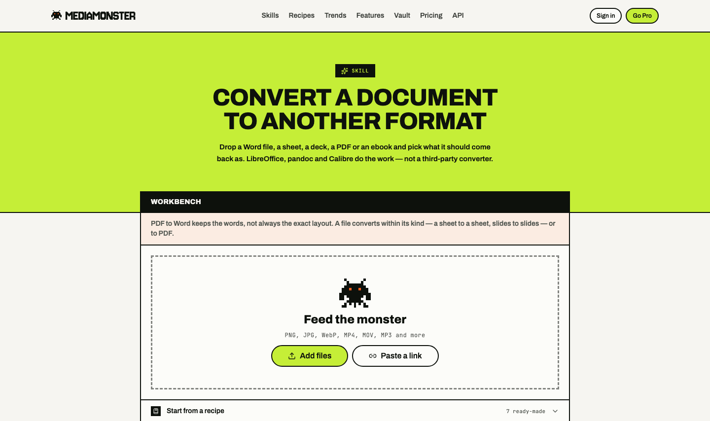 Convert a document skill page with format choices for PDF, Word, sheets, slides, and ebooks