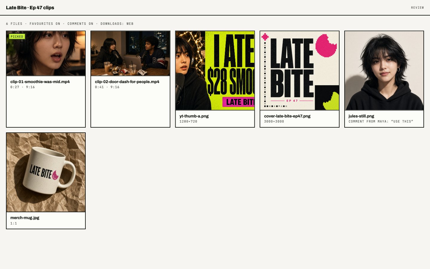 Public review page titled Late Bite Ep 47 clips, with picked clips, thumbnails, and a comment from Maya