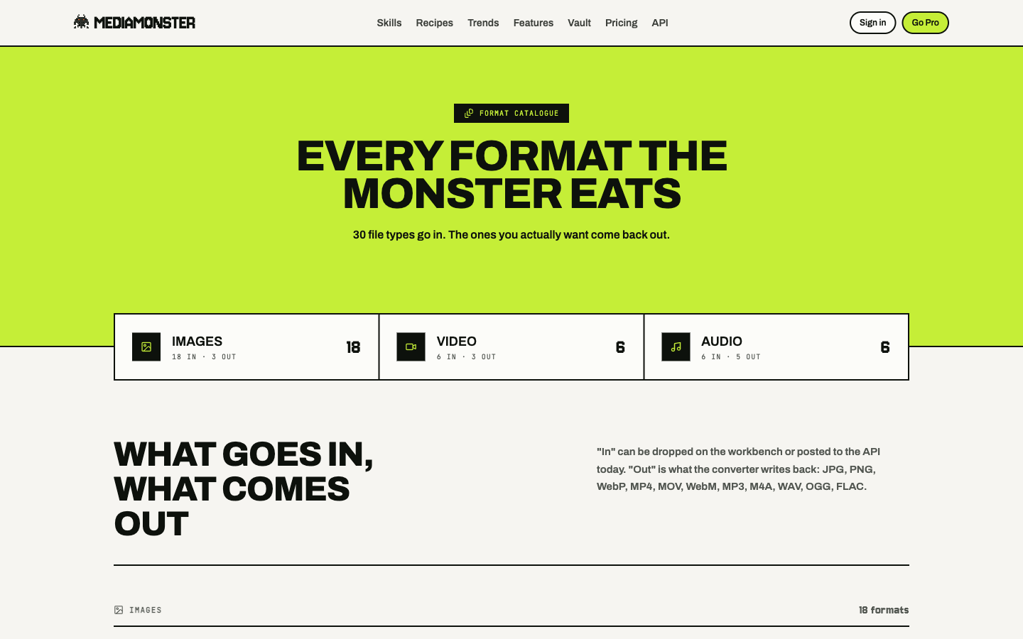 Formats page: 18 image, 6 video, and 6 audio types in, with JPEG, PNG, WebP, MP4, WebM, MOV and audio outs listed