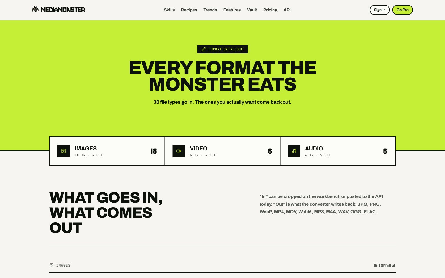 Formats page: 18 image, 6 video, and 6 audio types in, with JPEG, PNG, WebP, MP4, WebM, MOV and audio outs listed
