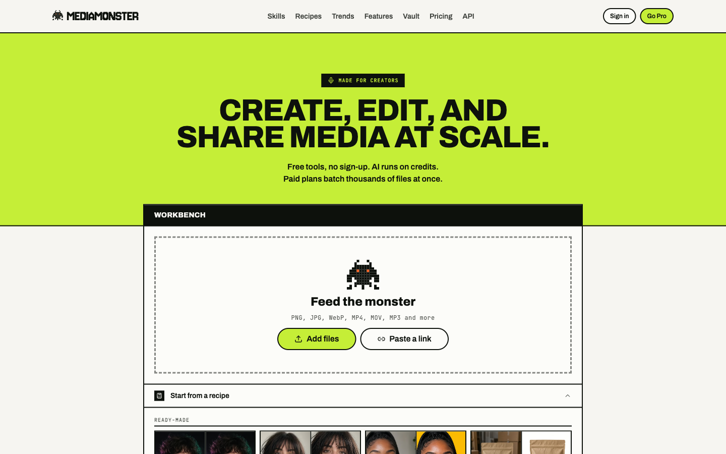 Mediamonster landing page with the Feed the monster dropzone, Add files and Paste a link, and a Start from a recipe shelf