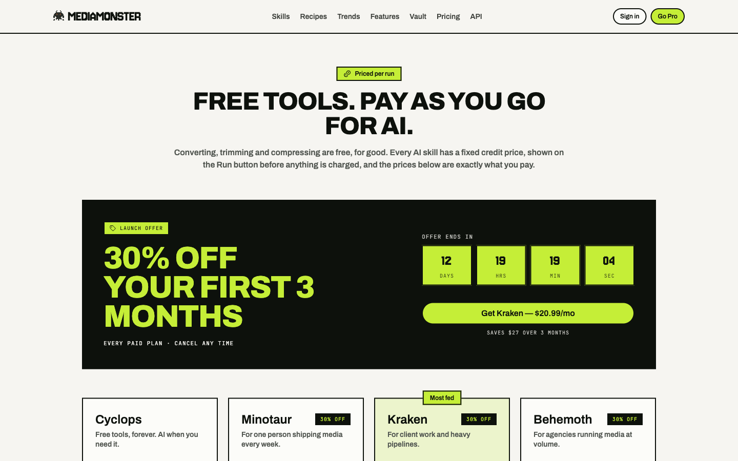 Pricing page with Cyclops, Minotaur, Kraken, and Behemoth plan cards