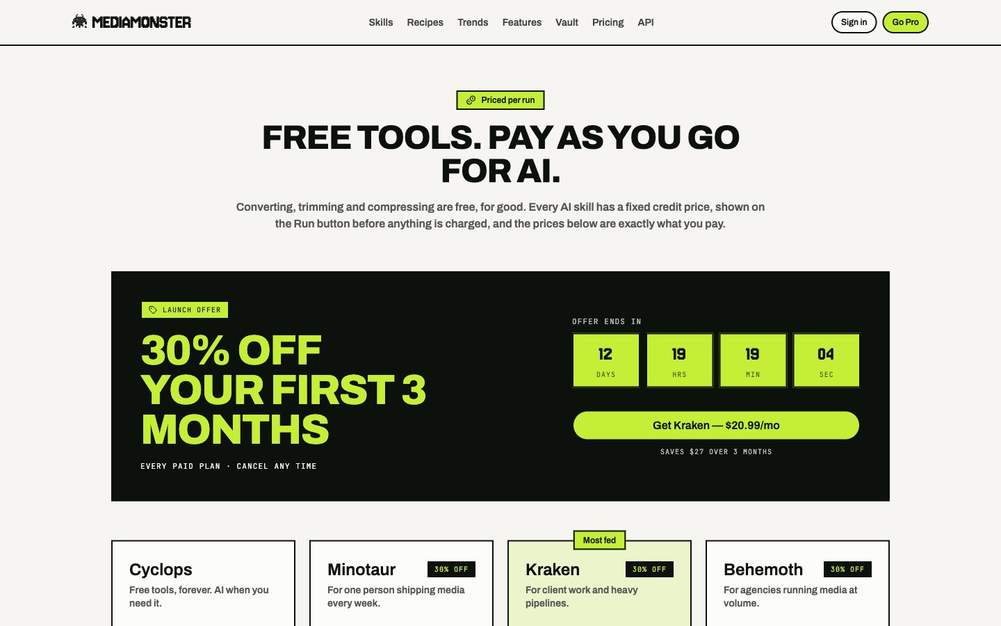 Pricing page with Cyclops, Minotaur, Kraken, and Behemoth plan cards