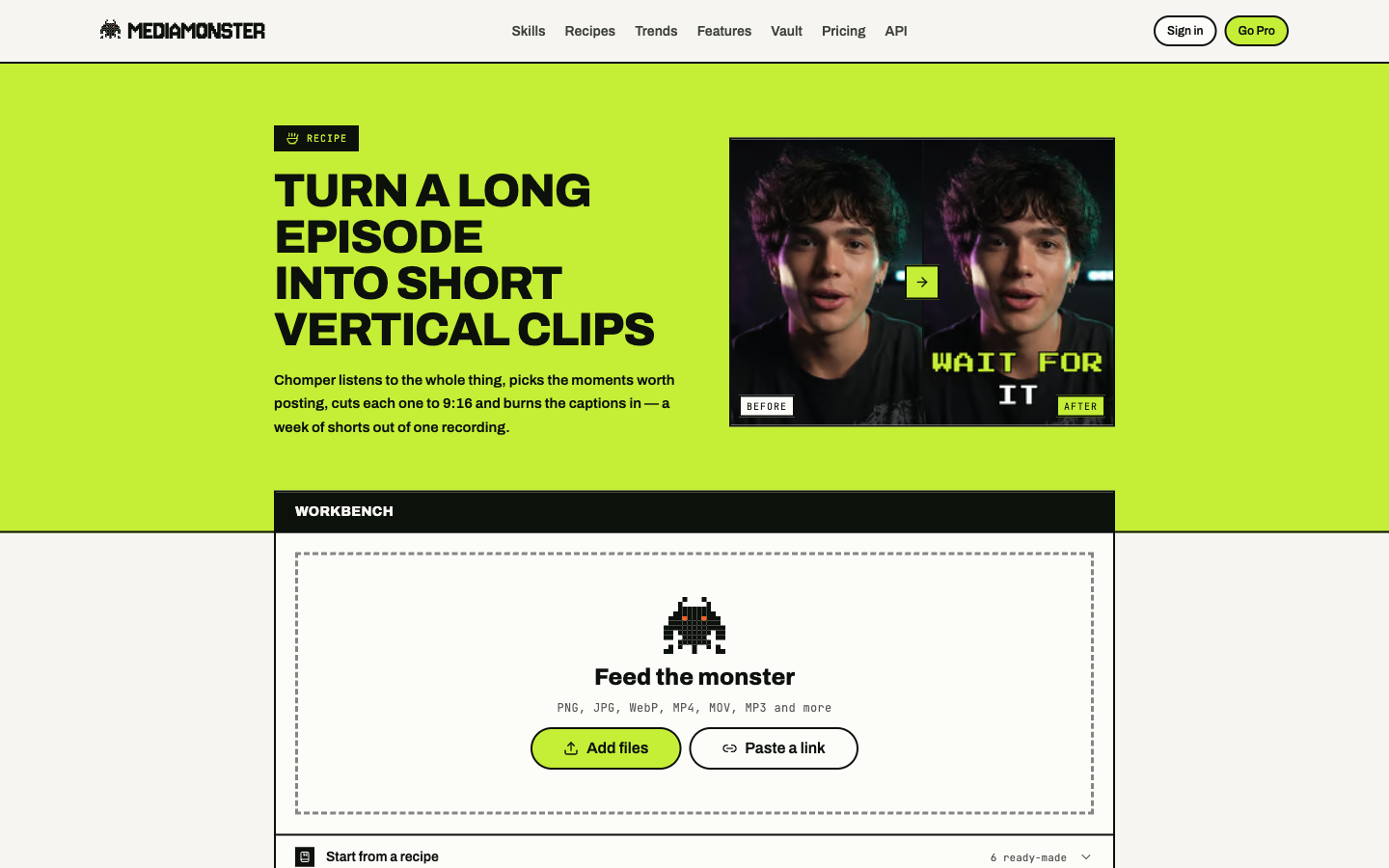 Podcast to clips recipe page: turn a long episode into short vertical clips, with the Workbench below