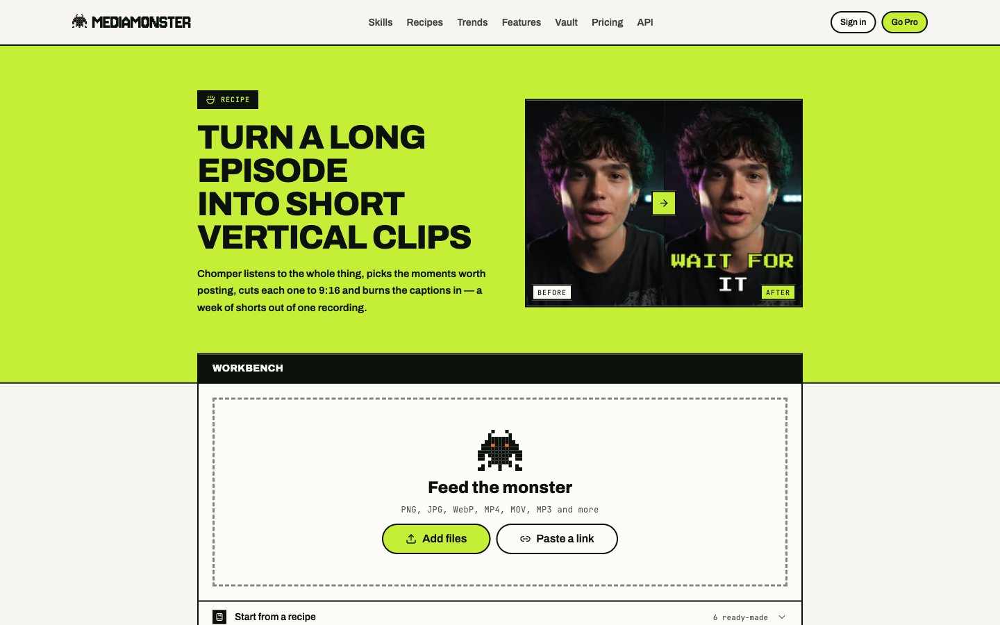 Podcast to clips recipe page: turn a long episode into short vertical clips, with the Workbench below