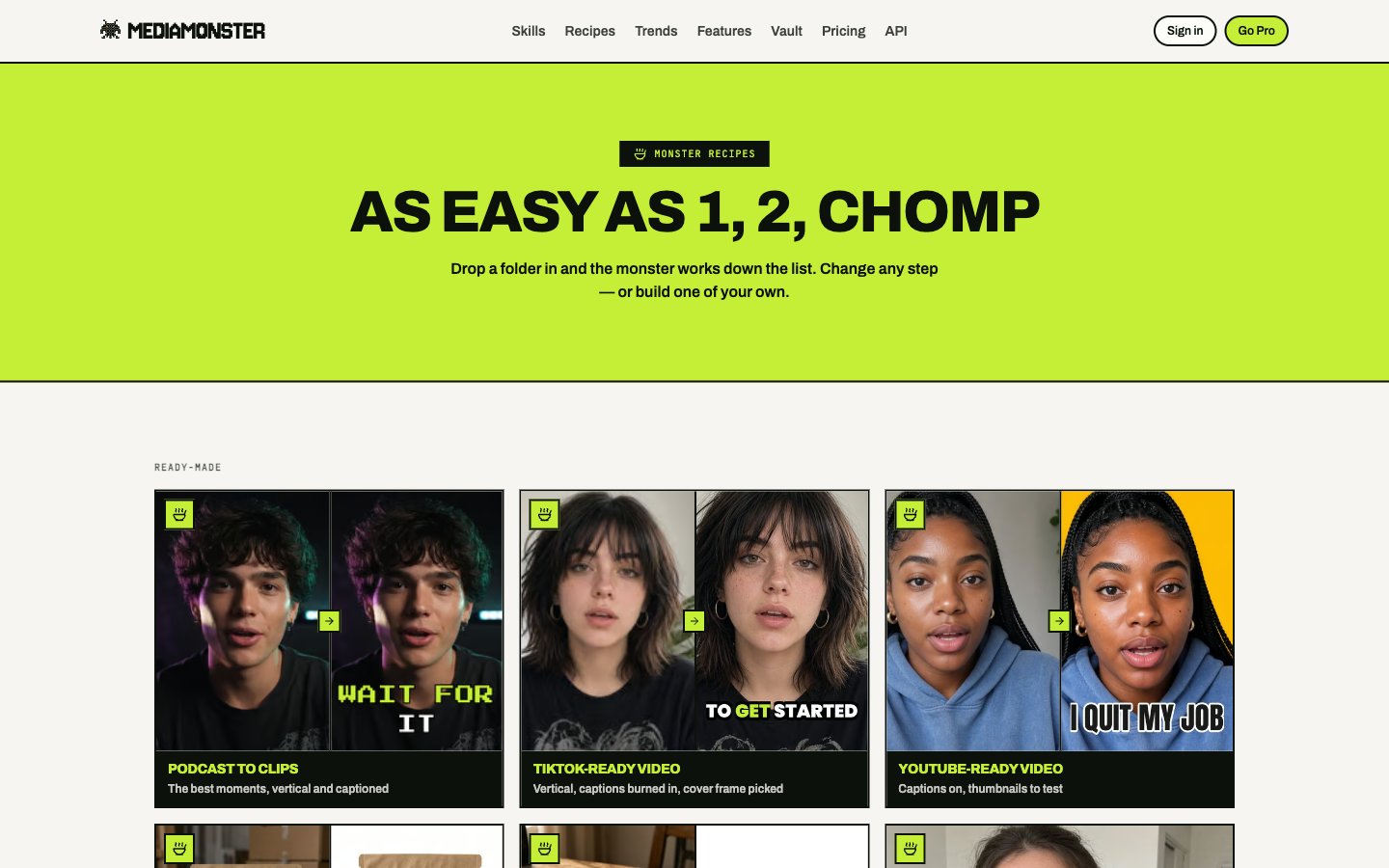 Recipes catalogue with Podcast to clips, TikTok-ready video, and YouTube-ready video cards