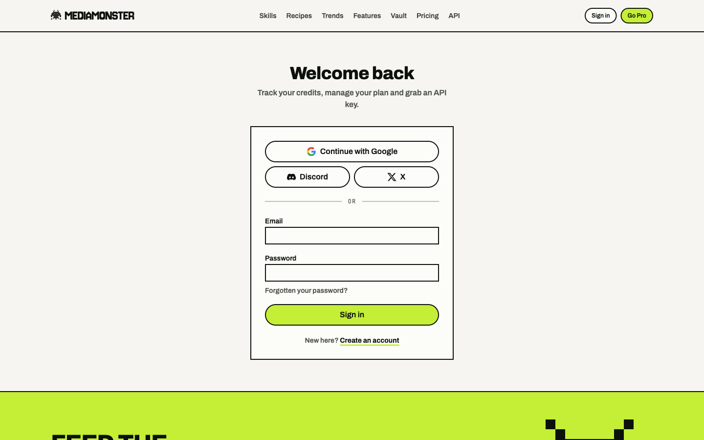 Sign-in form titled Welcome back with Google, Discord, X, email, and password