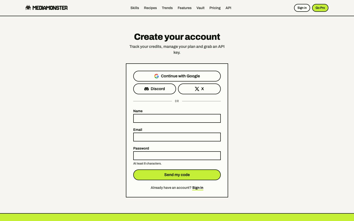 Sign-up form with Continue with Google, Discord, X, then name, email, password, and Send my code