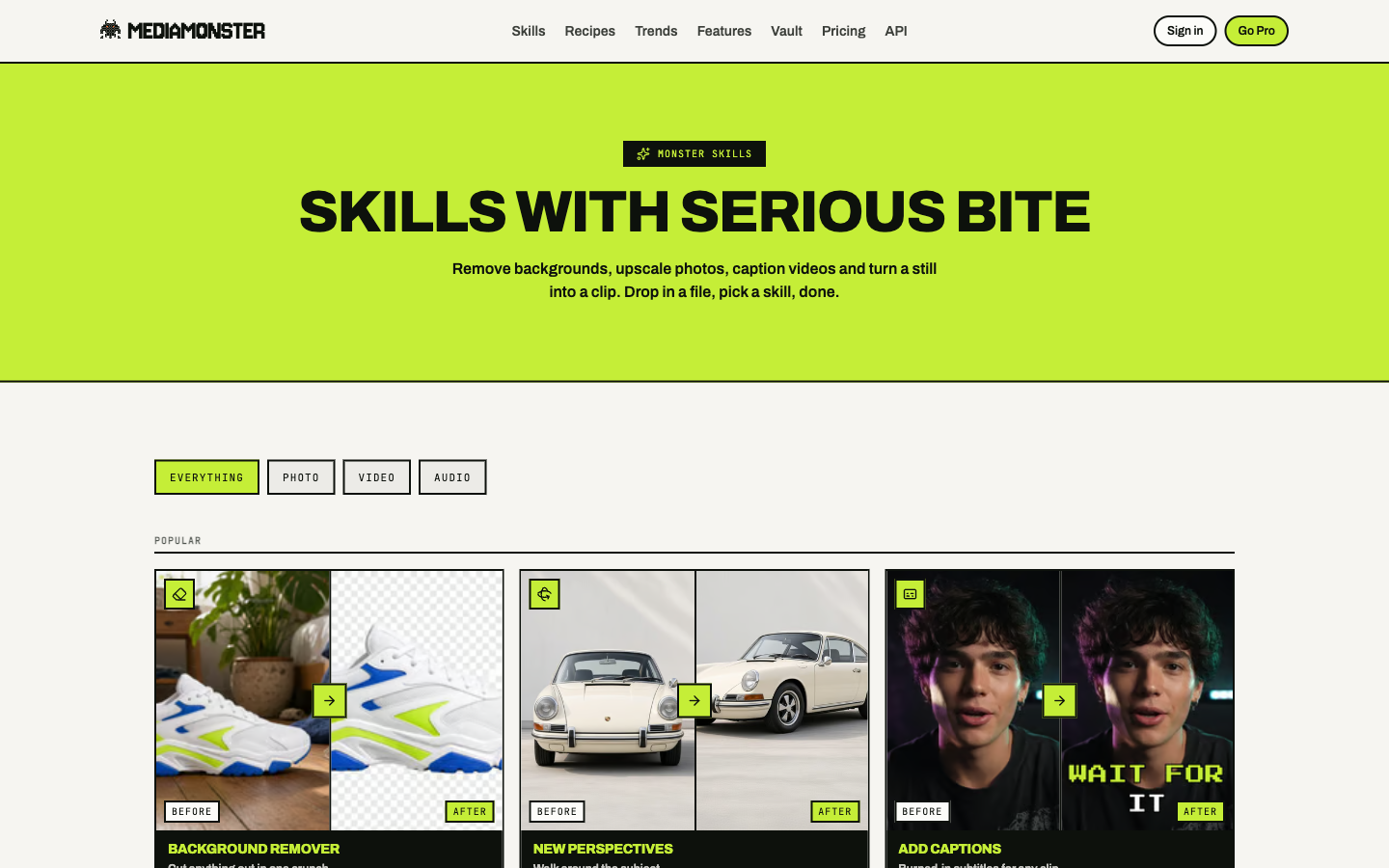Skills catalogue with Everything, Photo, Video, Audio chips and Popular cards for Background remover, New perspectives, and Add captions
