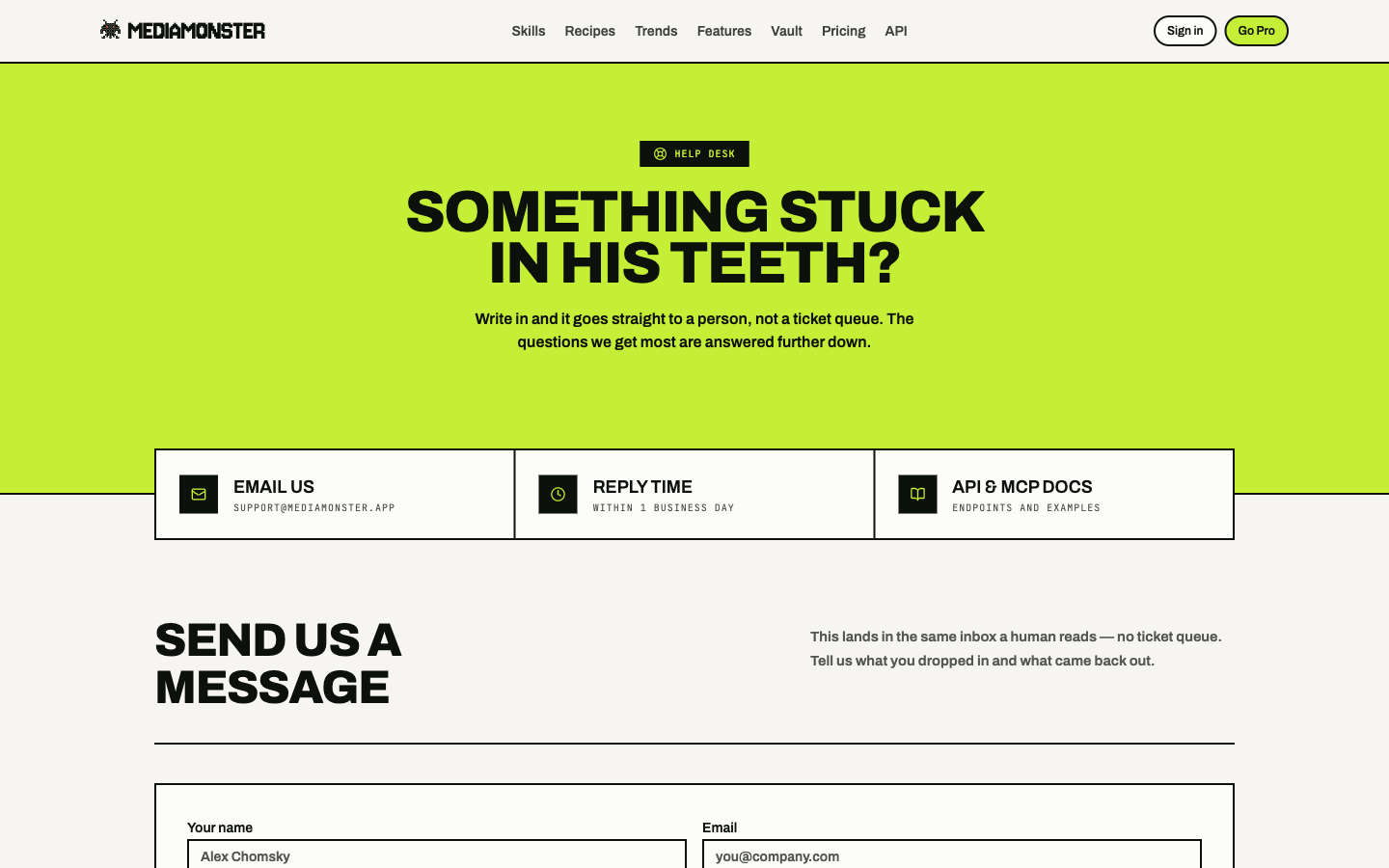 Support page with a contact form on mediamonster.app