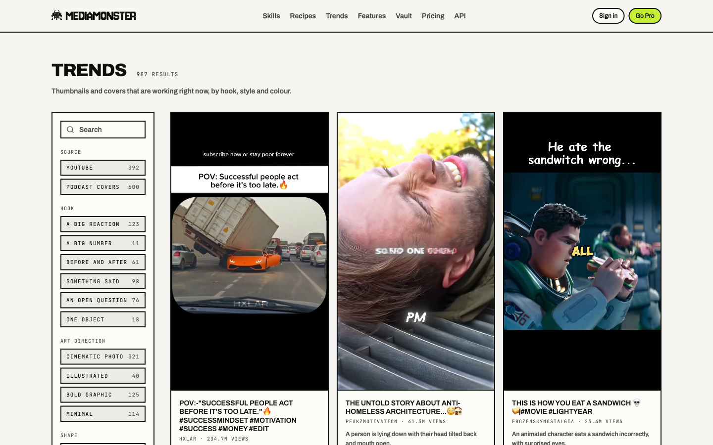Trends library with search and filters for source, hook, and art direction, beside a grid of YouTube thumbnails