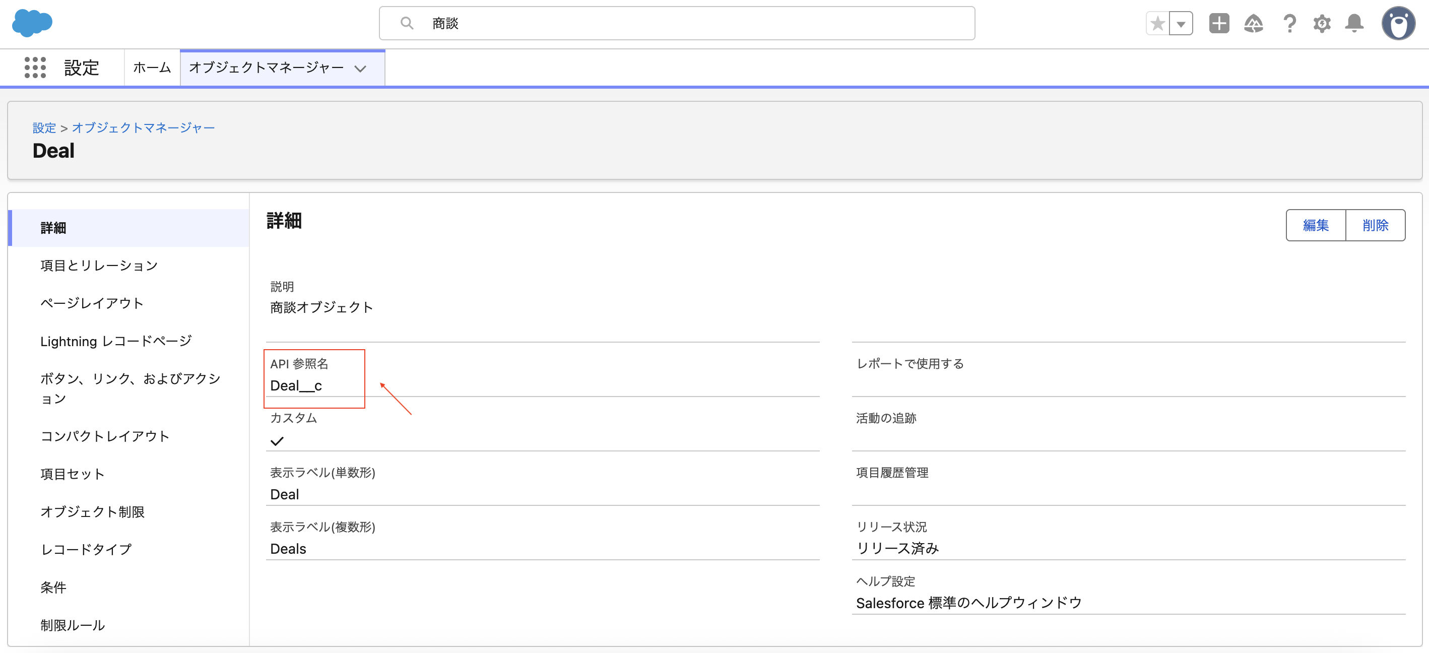 Salesforce のカスタムオブジェクト詳細で API 参照名を確認する
