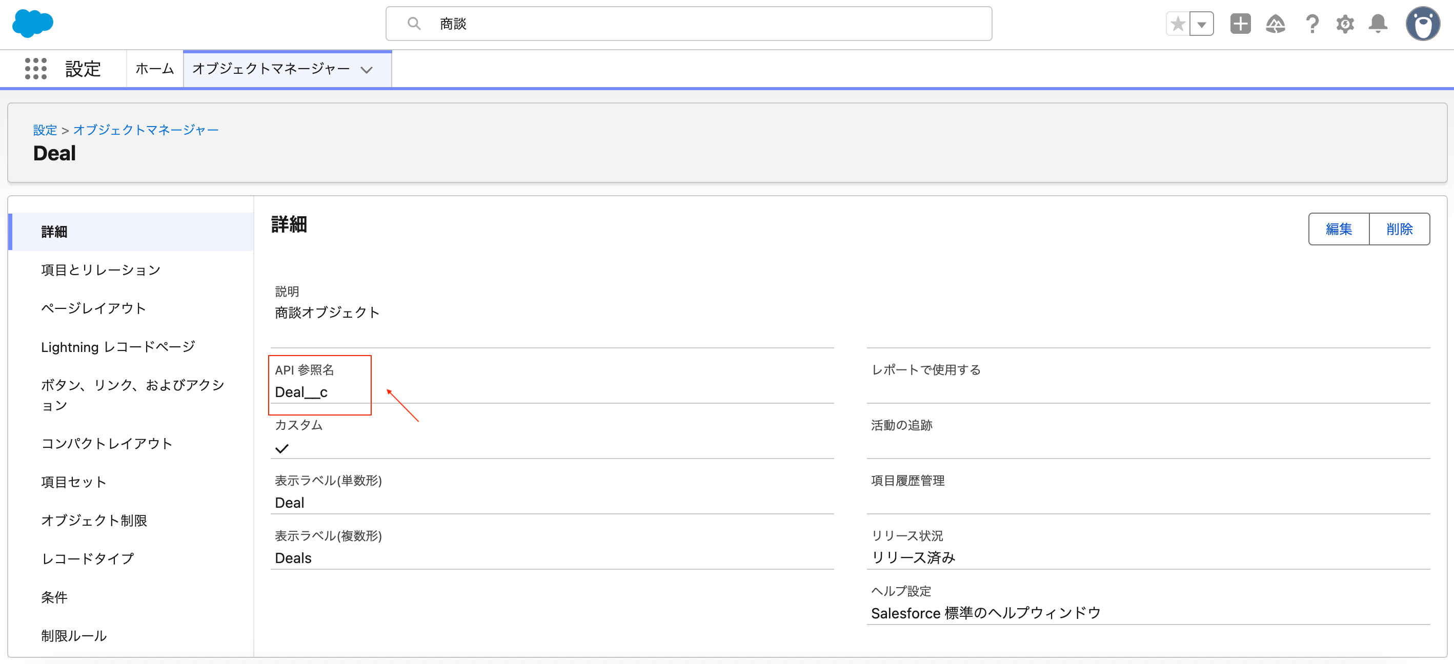 Salesforce のカスタムオブジェクト詳細で API 参照名を確認する