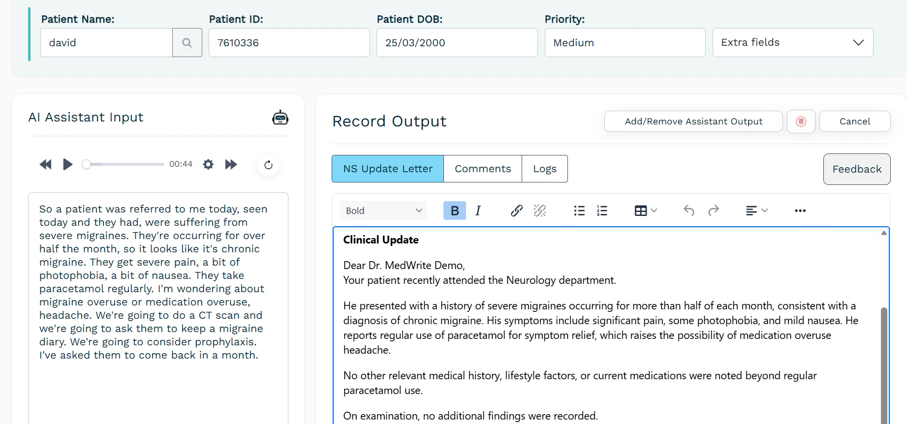 Letter page showing patient details, record, transcript, and record output