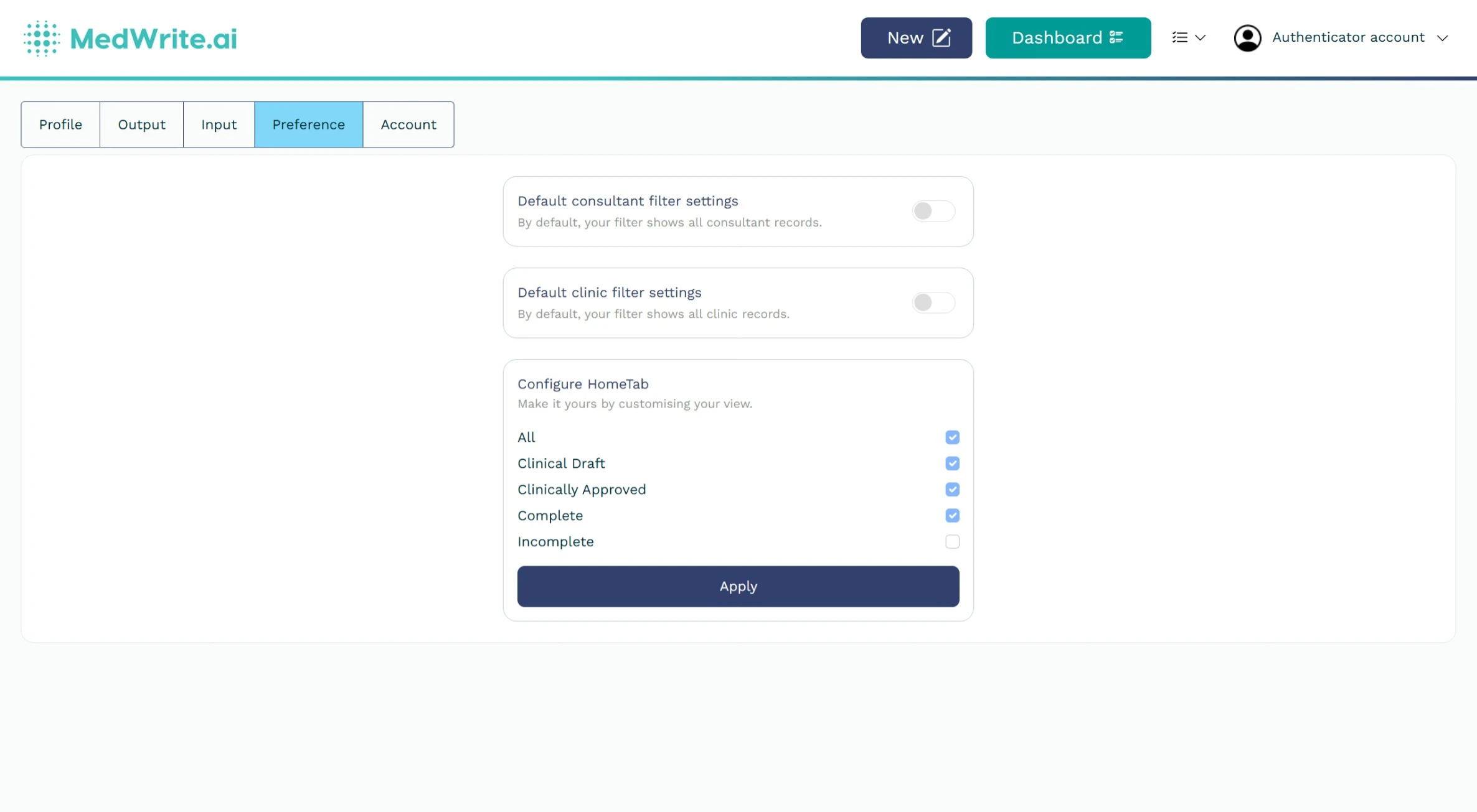 Profile form or preference options