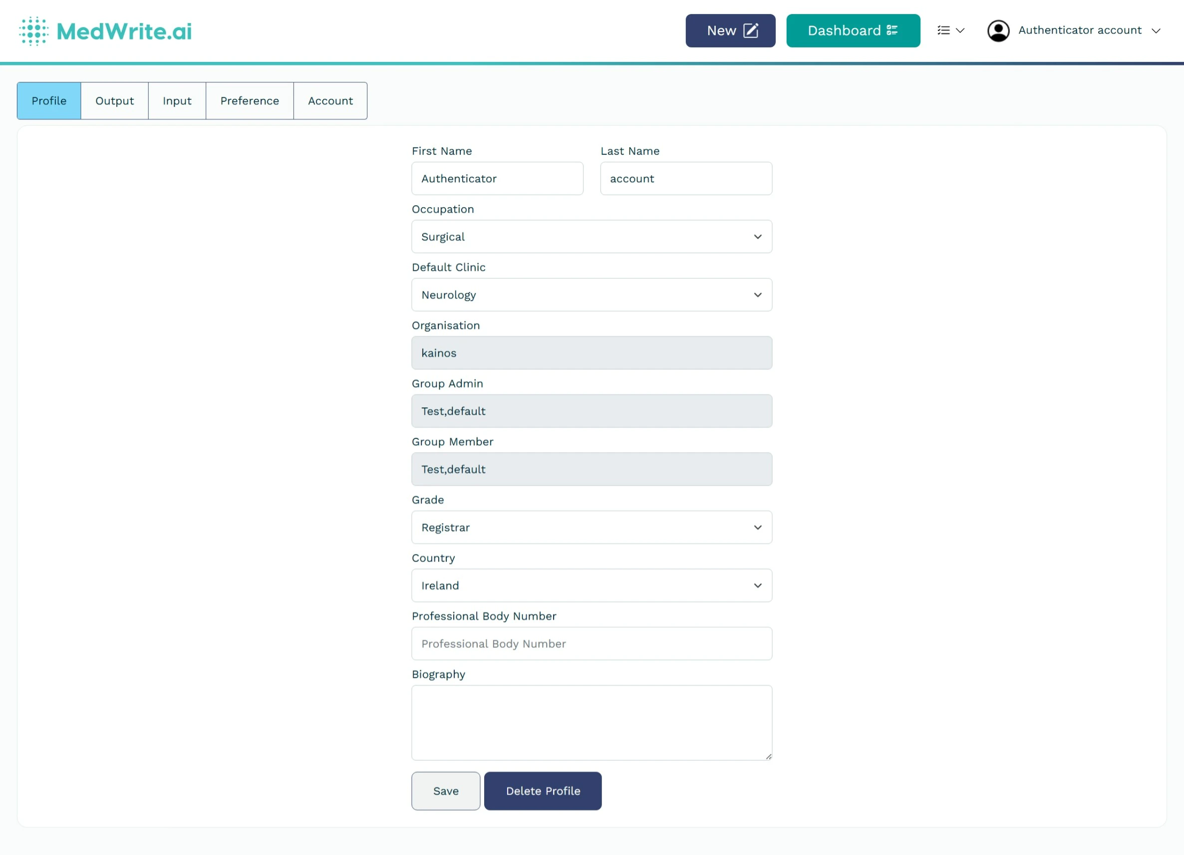 Profile or account settings page