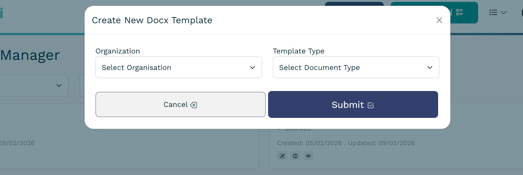 Select Organisation and Template Type in popup